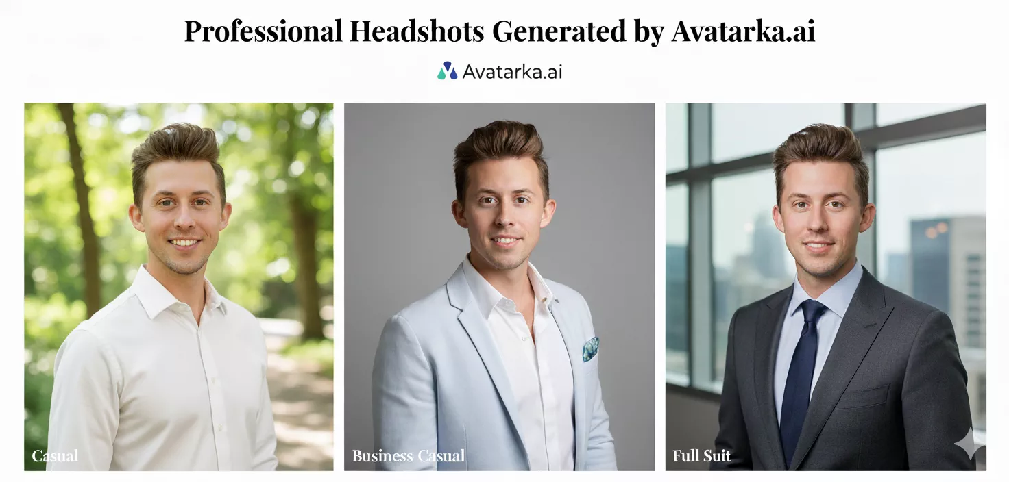 Professional headshots generated by Avatarka.ai showing various styles and backgrounds