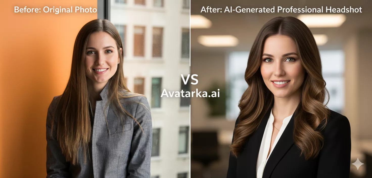 Before and after comparison of original selfie vs AI generated professional headshot