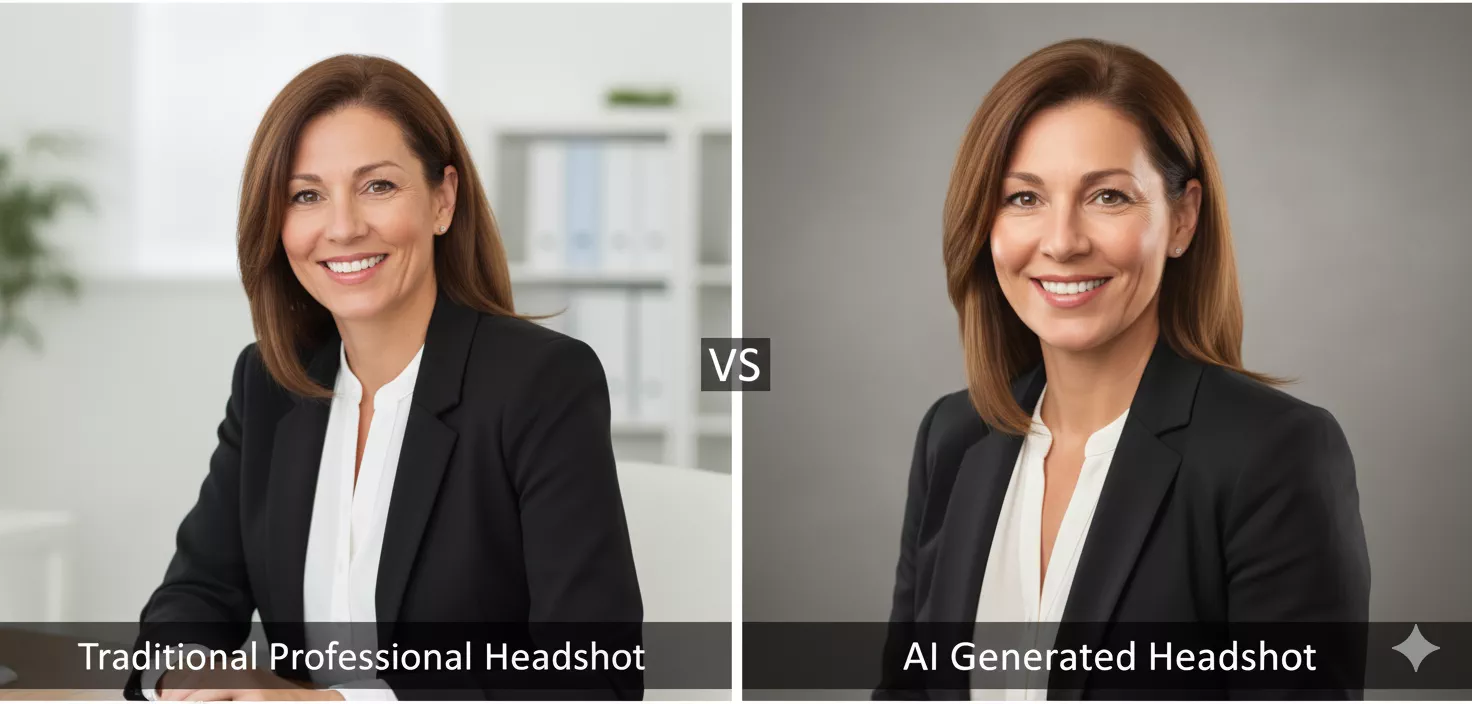 Side by side comparison of AI generated vs traditional professional headshots